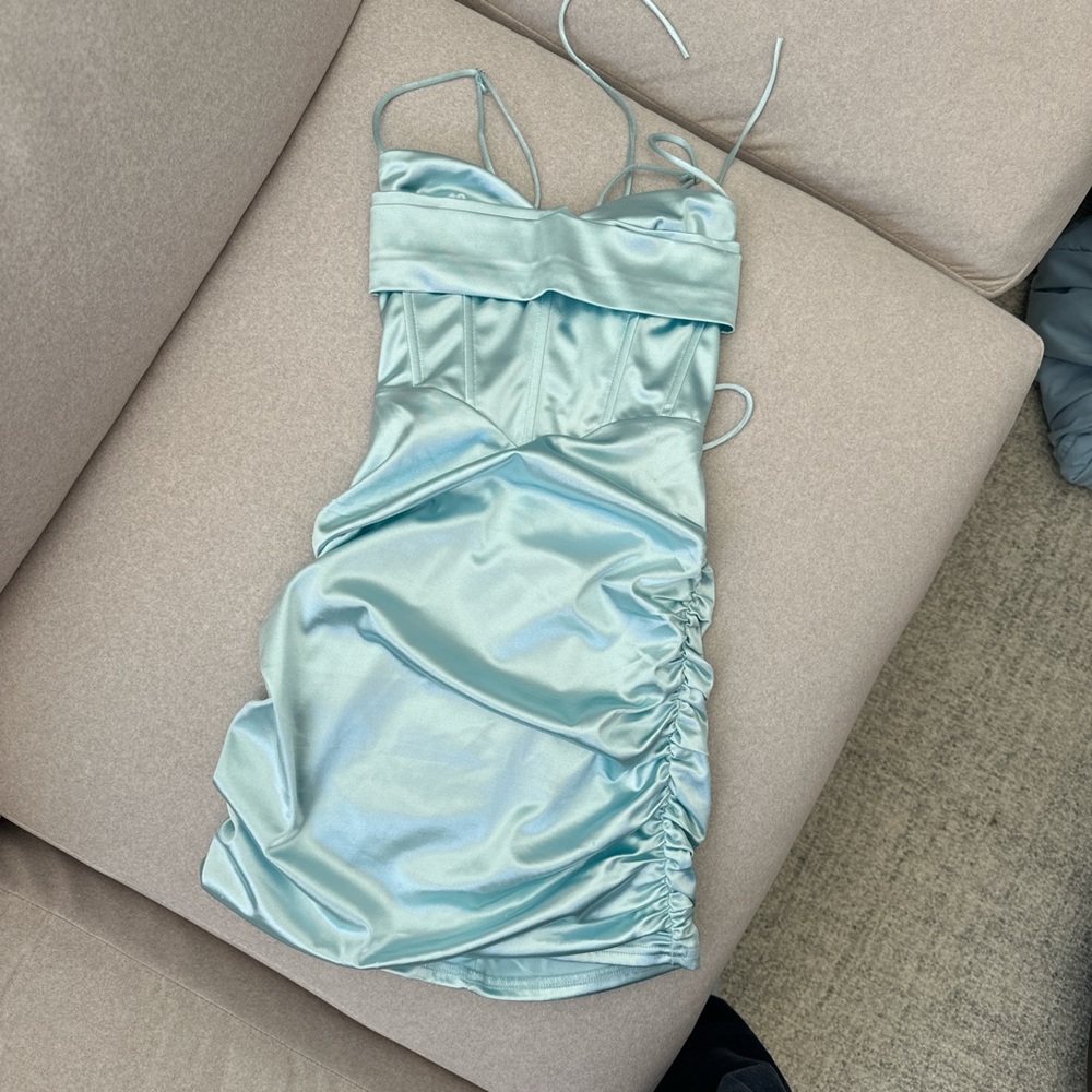 Lucy in the Sky Strapless Satin Dress in Light Blue